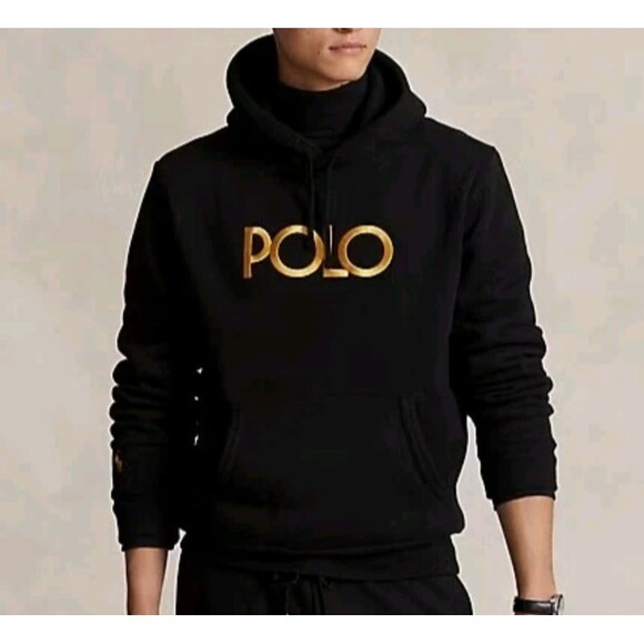 Polo Ralph Lauren Hoodie Sweatshirt Mens XXL Black Gold Logo Fleece Designer - Picture 2 of 8